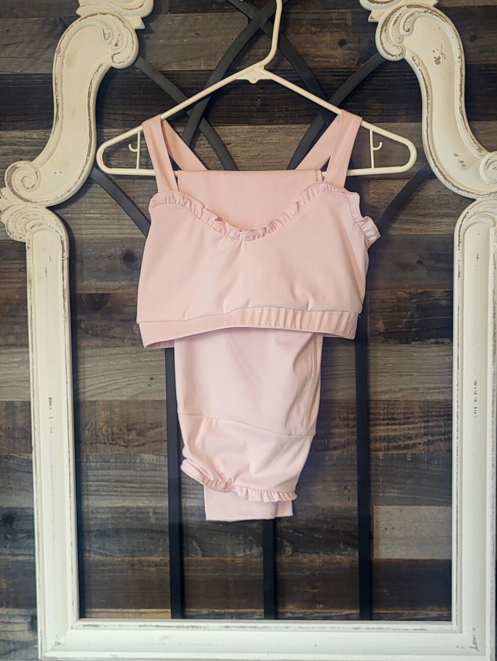 Ruffled High-Waist Leggings and Sports Bra Top in Light Pink